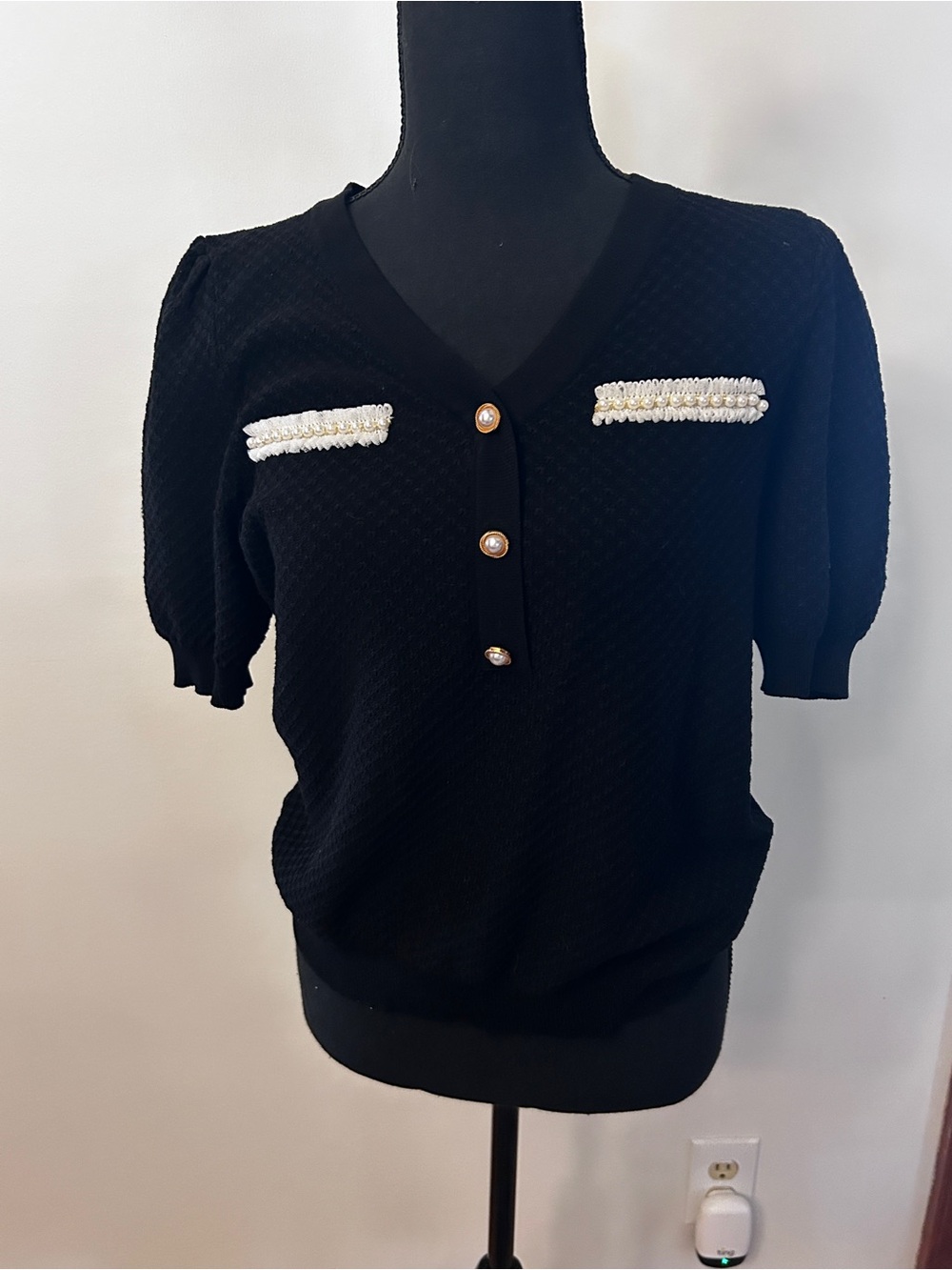 Nanette Lepore Black V-Neck Short-Sleeve Sweater with Pearl Trim